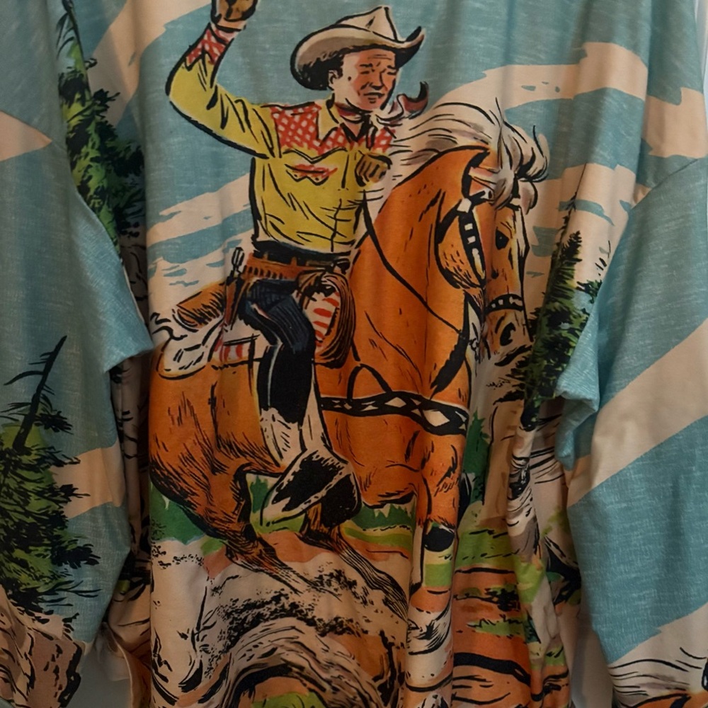 Vintage InspiredWestern Roy Roger’s Cowboy Graphic Pullover in Teal & Orange 2X - Picture 4 of 7